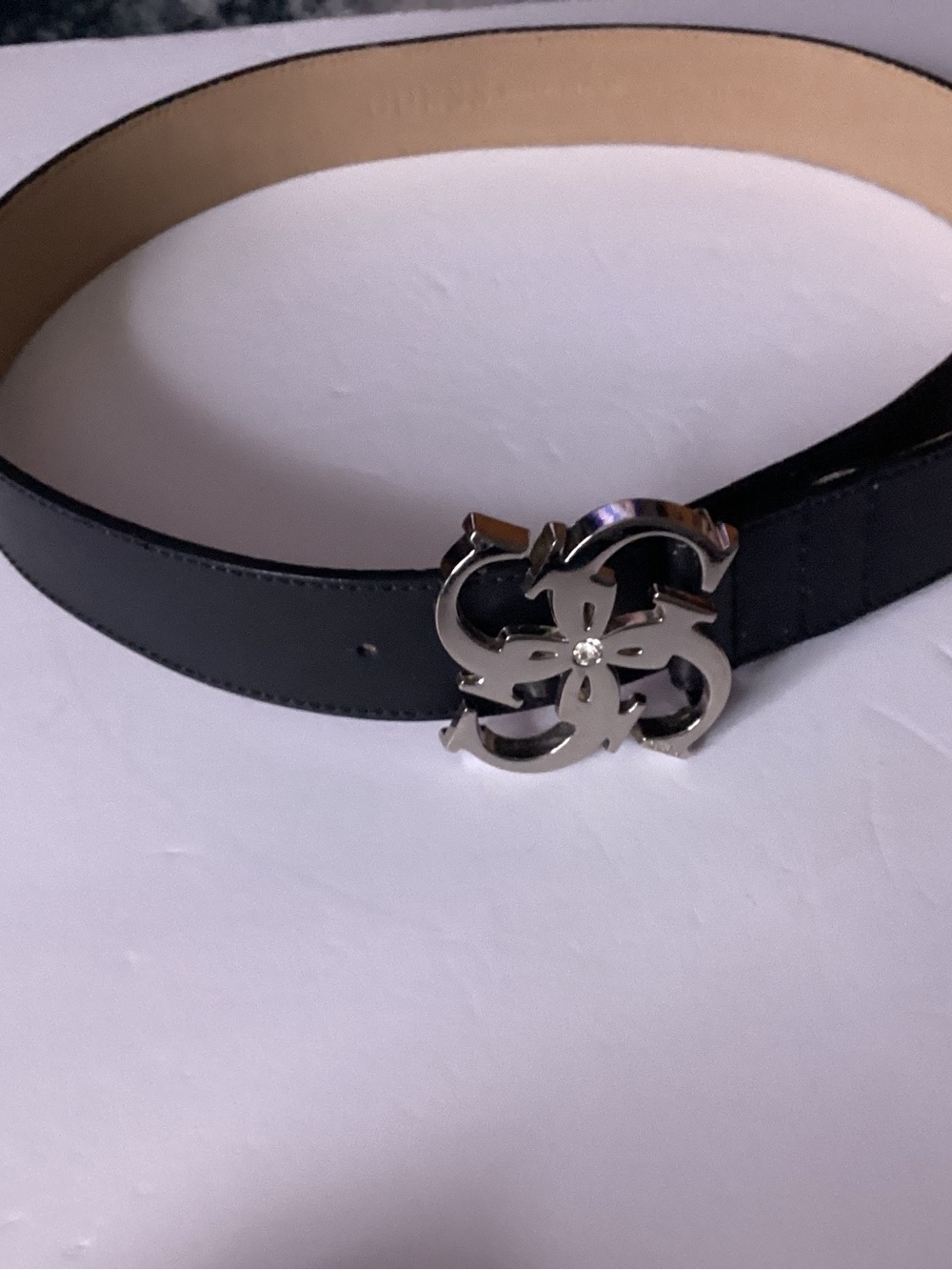 Guess Black Leather Women's Belt with Silver Floral Logo Buckle size M